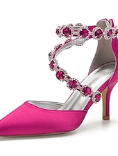 preiswerte Cocktail-lila Satin-Damenschuhe mit hohen Absätzen, Strassverzierungen und Knöchelriemen für Hochzeiten und Cocktailveranstaltungen