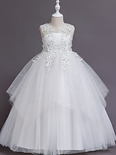 preiswerte Kleider für die Blumenmädchen-Kinder Mädchenkleid Blumen einfarbig A-Linienkleid Aufführung Hochzeit Party Rüschen Mesh Rosa Hellblau Weiß Maxi Ärmellos Niedlich Prinzessinnenkleider Sommer Herbst Normale Passform 3-12 Jahre