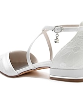 cheap Bride-Women's Ivory Lace Bridal Shoes, Low Heel Pointed Toe Wedding Flats with Ankle Strap, Elegant Comfortable Wedding Party Shoes