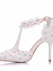 cheap Bride-Women's White Pearl T-Strap High Heel Wedding Shoes – Elegant Bridal Heels for Church Wedding