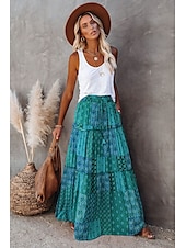 cheap Skirts-Women&#039;s Skirt Swing Long Skirt Bohemia Maxi Skirts Drawstring Print Graphic Solid Colored Causal Vacation Spring &amp; Summer Vintage Boho Red Blue Purple
