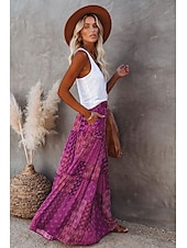 cheap Skirts-Women&#039;s Skirt Swing Long Skirt Bohemia Maxi Skirts Drawstring Print Graphic Solid Colored Causal Vacation Spring &amp; Summer Vintage Boho Red Blue Purple