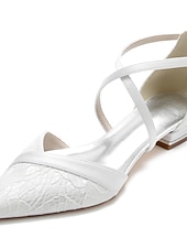 cheap Bride-Women's Ivory Lace Bridal Shoes, Low Heel Pointed Toe Wedding Flats with Ankle Strap, Elegant Comfortable Wedding Party Shoes