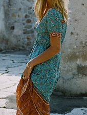 abordables Robes Bohémiennes-Femme Robe mi-longue Robe casual Robe ethnique Robe Évasée robe boheme mode Moderne Décontractées Extérieur Vacances Rendez-vous Standard Floral Cachemire Manche Courte Col V Rouge Bleu Eté Printemps