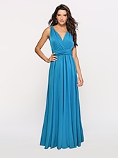 baratos Vestidos para Madrinhas-vestido de dama de honra linha a decote halter / decote em v sem mangas conversível infinito comprimento do chão elastano com faixa / fita / pregas vestido para impressionar 2025