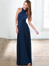 baratos Vestidos para Madrinhas-vestido de dama de honra linha a decote halter / decote em v sem mangas conversível infinito comprimento do chão elastano com faixa / fita / pregas vestido para impressionar 2025