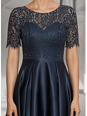 economico Lunghezza del tè-Abito A-Line madre della sposa per invitati al matrimonio elegante collo a scollo alto asimmetrico lunghezza tè in satin pizzo maniche corte con pieghe 2025 taglia personalizzata gratuita