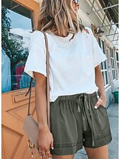 baratos Shorts de linho de algodão-Mulheres Normal Shorts inspirados em linho Calção Moda Básico Casual Curto Cintura Média Simples Bolsos Perna larga Folgado Leve Exterior Micro-Elástica Diário Feriado Streetwear Azul Claro Vermelho