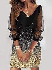 billiga Skriv ut blommiga klänningar-kvinnors mesh casual klänning skiftklänning djur prickiga mesh tryck v-ringad mesh ärm miniklänning elegant daglig långärmad sommar vår
