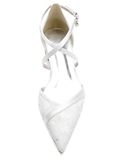 cheap Bride-Women's Ivory Lace Bridal Shoes, Low Heel Pointed Toe Wedding Flats with Ankle Strap, Elegant Comfortable Wedding Party Shoes
