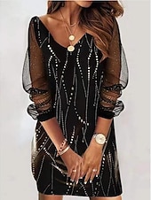 billiga Skriv ut blommiga klänningar-kvinnors mesh casual klänning skiftklänning djur prickiga mesh tryck v-ringad mesh ärm miniklänning elegant daglig långärmad sommar vår