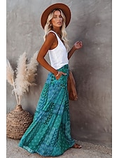 cheap Skirts-Women&#039;s Skirt Swing Long Skirt Bohemia Maxi Skirts Drawstring Print Graphic Solid Colored Causal Vacation Spring &amp; Summer Vintage Boho Red Blue Purple