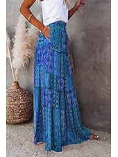 cheap Skirts-Women&#039;s Skirt Swing Long Skirt Bohemia Maxi Skirts Drawstring Print Graphic Solid Colored Causal Vacation Spring &amp; Summer Vintage Boho Red Blue Purple