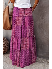 cheap Skirts-Women&#039;s Skirt Swing Long Skirt Bohemia Maxi Skirts Drawstring Print Graphic Solid Colored Causal Vacation Spring &amp; Summer Vintage Boho Red Blue Purple