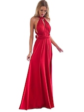 baratos Vestidos para Madrinhas-vestido de dama de honra linha a decote halter / decote em v sem mangas conversível infinito comprimento do chão elastano com faixa / fita / pregas vestido para impressionar 2025