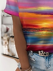 tanie Koszulka tie-dye i gradientowa-damska koszulka z nadrukiem krótki rękaw regularna bluzka okrągły dekolt swobodna codzienna świąteczna fioletowa