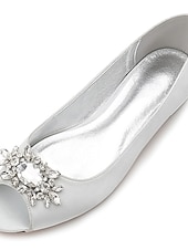 cheap Mother of Bride/Groom-Women's Navy Blue Peep-Toe Flats with Rhinestone Embellishments – Elegant Satin Shoes for Weddings, Parties, and Formal Events