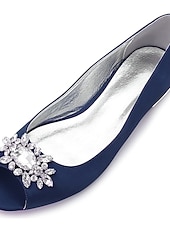 cheap Mother of Bride/Groom-Women's Navy Blue Peep-Toe Flats with Rhinestone Embellishments – Elegant Satin Shoes for Weddings, Parties, and Formal Events