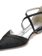 cheap Bride-Women's Ivory Lace Bridal Shoes, Low Heel Pointed Toe Wedding Flats with Ankle Strap, Elegant Comfortable Wedding Party Shoes