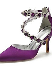 preiswerte Cocktail-lila Satin-Damenschuhe mit hohen Absätzen, Strassverzierungen und Knöchelriemen für Hochzeiten und Cocktailveranstaltungen