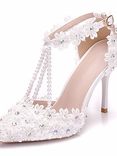 cheap Bride-Women's White Pearl T-Strap High Heel Wedding Shoes – Elegant Bridal Heels for Church Wedding