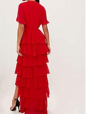 abordables ROUGE-Robe de soirée A-Line Robe élégante Invité de mariage Formelle Soirée Longueur au sol Manches courtes Décolleté en V Chiffon avec volants