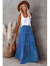 cheap Skirts-Women&#039;s Skirt Swing Long Skirt Bohemia Maxi Skirts Drawstring Print Graphic Solid Colored Causal Vacation Spring &amp; Summer Vintage Boho Red Blue Purple