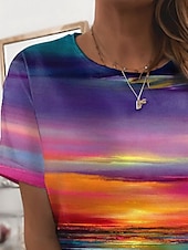tanie Koszulka tie-dye i gradientowa-damska koszulka z nadrukiem krótki rękaw regularna bluzka okrągły dekolt swobodna codzienna świąteczna fioletowa