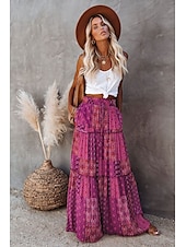 cheap Skirts-Women&#039;s Skirt Swing Long Skirt Bohemia Maxi Skirts Drawstring Print Graphic Solid Colored Causal Vacation Spring &amp; Summer Vintage Boho Red Blue Purple