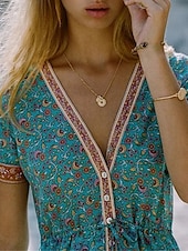 abordables Robes Bohémiennes-Femme Robe mi-longue Robe casual Robe ethnique Robe Évasée robe boheme mode Moderne Décontractées Extérieur Vacances Rendez-vous Standard Floral Cachemire Manche Courte Col V Rouge Bleu Eté Printemps