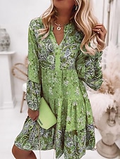 olcso Alkalmi virágos ruhák-női műszakos ruha bohó ruha térdig érő ruha rózsaszín hosszú ujjú virágos fodros smocked print nyár tavasz ősz v nyak boho alkalmi flare mandzsetta ujj 2023 4xl