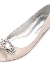 cheap Mother of Bride/Groom-Women's Navy Blue Peep-Toe Flats with Rhinestone Embellishments – Elegant Satin Shoes for Weddings, Parties, and Formal Events