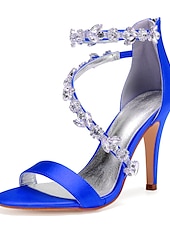 billige Cocktail-marineblå sateng-stiletthæler for kvinner med rhinestone-pynt - elegante bryllupssko for formelle anledninger og cocktailbegivenheter