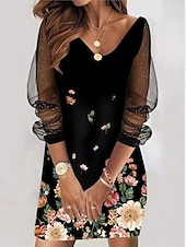 billiga Skriv ut blommiga klänningar-kvinnors mesh casual klänning skiftklänning djur prickiga mesh tryck v-ringad mesh ärm miniklänning elegant daglig långärmad sommar vår