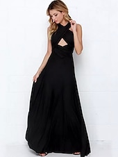 baratos Vestidos para Madrinhas-vestido de dama de honra linha a decote halter / decote em v sem mangas conversível infinito comprimento do chão elastano com faixa / fita / pregas vestido para impressionar 2025