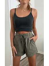 baratos Shorts de linho de algodão-Mulheres Normal Shorts inspirados em linho Calção Moda Básico Casual Curto Cintura Média Simples Bolsos Perna larga Folgado Leve Exterior Micro-Elástica Diário Feriado Streetwear Azul Claro Vermelho