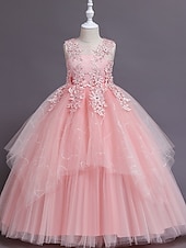 preiswerte Kleider für die Blumenmädchen-Kinder Mädchenkleid Blumen einfarbig A-Linienkleid Aufführung Hochzeit Party Rüschen Mesh Rosa Hellblau Weiß Maxi Ärmellos Niedlich Prinzessinnenkleider Sommer Herbst Normale Passform 3-12 Jahre