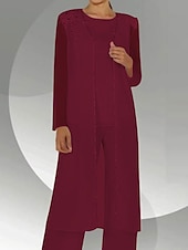 billiga Mammas byxdräkter-Jumpsuit  byxdress 3-delad mor till bruden bröllopsgäst elegant juvelhals golvlängd chiffong lång ärm med paljetter gratis skräddarsydd storlek