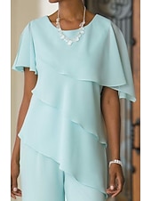 preiswerte Hosenanzüge für Mama-Zweiteiliger Jumpsuit  Hosenanzug Brautmutter Hochzeitsgast Elegant Plus Size Schmuckkragen bodenlang Chiffon kurze Ärmel mit kaskadierenden Rüschen