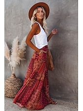 cheap Skirts-Women&#039;s Skirt Swing Long Skirt Bohemia Maxi Skirts Drawstring Print Graphic Solid Colored Causal Vacation Spring &amp; Summer Vintage Boho Red Blue Purple