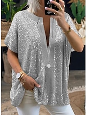 cheap Dressy Tops-Women&#039;s Shirt Blouse Elegant Vintage Fashion Sparkly Sequins Long Sleeve Regular Tops V Neck Casual Weekend Silver Gold Spring Fall