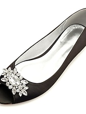 cheap Mother of Bride/Groom-Women's Navy Blue Peep-Toe Flats with Rhinestone Embellishments – Elegant Satin Shoes for Weddings, Parties, and Formal Events