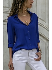 abordables Tops de Trabajo para Mujeres-Mujer Camisa Blusa Negro Blanco Amarillo Plano Color sólido Manga Larga Trabajo Casual Básico Cuello Camisero Regular S