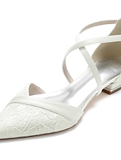 cheap Bride-Women's Ivory Lace Bridal Shoes, Low Heel Pointed Toe Wedding Flats with Ankle Strap, Elegant Comfortable Wedding Party Shoes