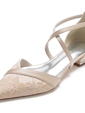 cheap Bride-Women's Ivory Lace Bridal Shoes, Low Heel Pointed Toe Wedding Flats with Ankle Strap, Elegant Comfortable Wedding Party Shoes