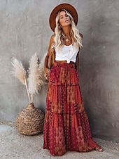 cheap Skirts-Women&#039;s Skirt Swing Long Skirt Bohemia Maxi Skirts Drawstring Print Graphic Solid Colored Causal Vacation Spring &amp; Summer Vintage Boho Red Blue Purple