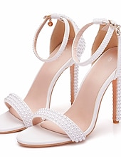 economico sposa-Per donna Scarpe da Sposa Tacchi con Cinturini Scarpe da Sposa Perla Stiletto Punta aperta Classico Finta Pelle Bianco Beige