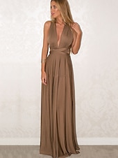 baratos Vestidos para Madrinhas-vestido de dama de honra linha a decote halter / decote em v sem mangas conversível infinito comprimento do chão elastano com faixa / fita / pregas vestido para impressionar 2025