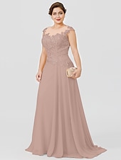 preiswerte Bodenlänge-A-Linie Mutter der Braut Kleid Hochzeitsgast Elegant Plus Size Illusionshals Sweep  Brush Zug Chiffon Perlenbesetzte Spitze Kurze Ärmel ohne Schleife(n) Falten 2025 kostenlose Maßanfertigung