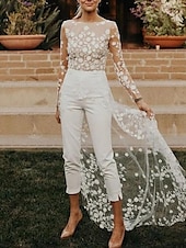 preiswerte lässige Brautkleider-Strandhochzeit Saal Offenes Rücken Hochzeitskleider Hosenanzüge Scoop-Ausschnitt Lange Ärmel Sweep  Brush Train Spitze Brautkleider Mit Blume 2025